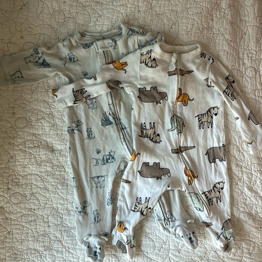Old Navy & Carters 6M Footie Zipper PJs | Blue Bears & White Zoo Animals Unisex